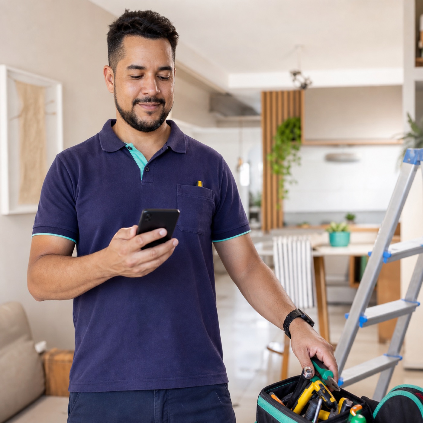 Profissional consultando no celular as informações organizadas de um atendimento